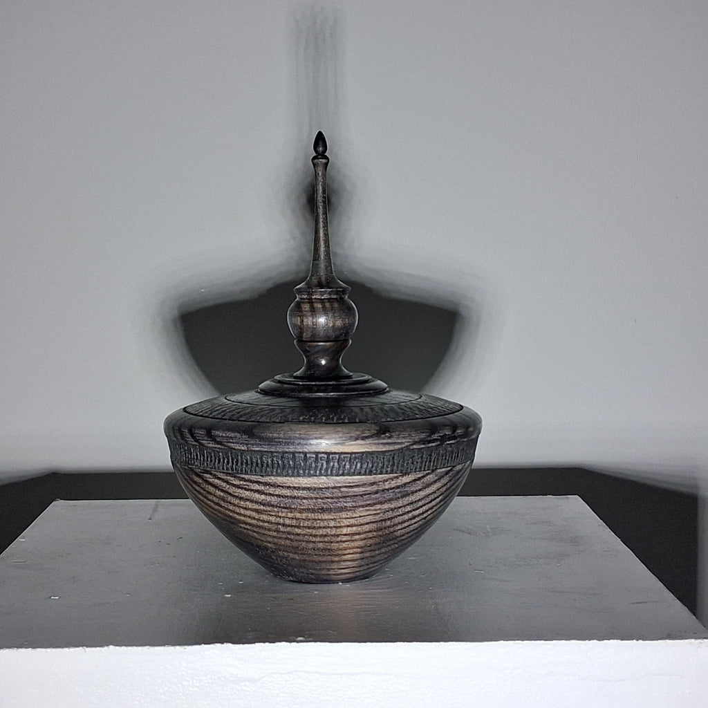 Hollow Form in Coloured Black Ash with Textured Band and Finial