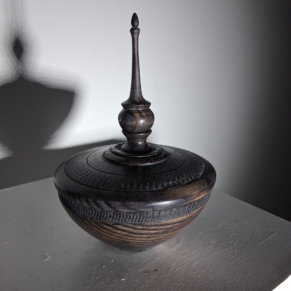 Hollow Form in Coloured Black Ash with Textured Band and Finial
