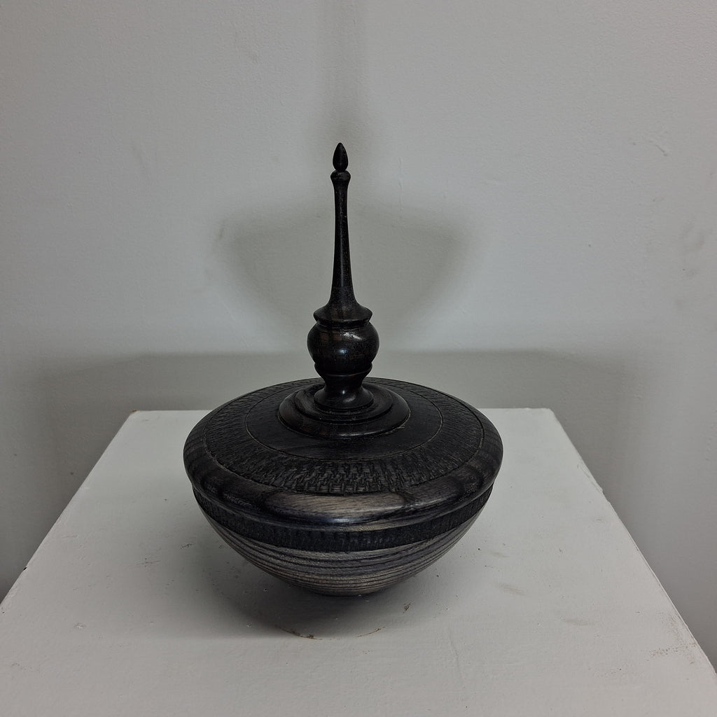 Hollow Form in Coloured Black Ash with Textured Band and Finial