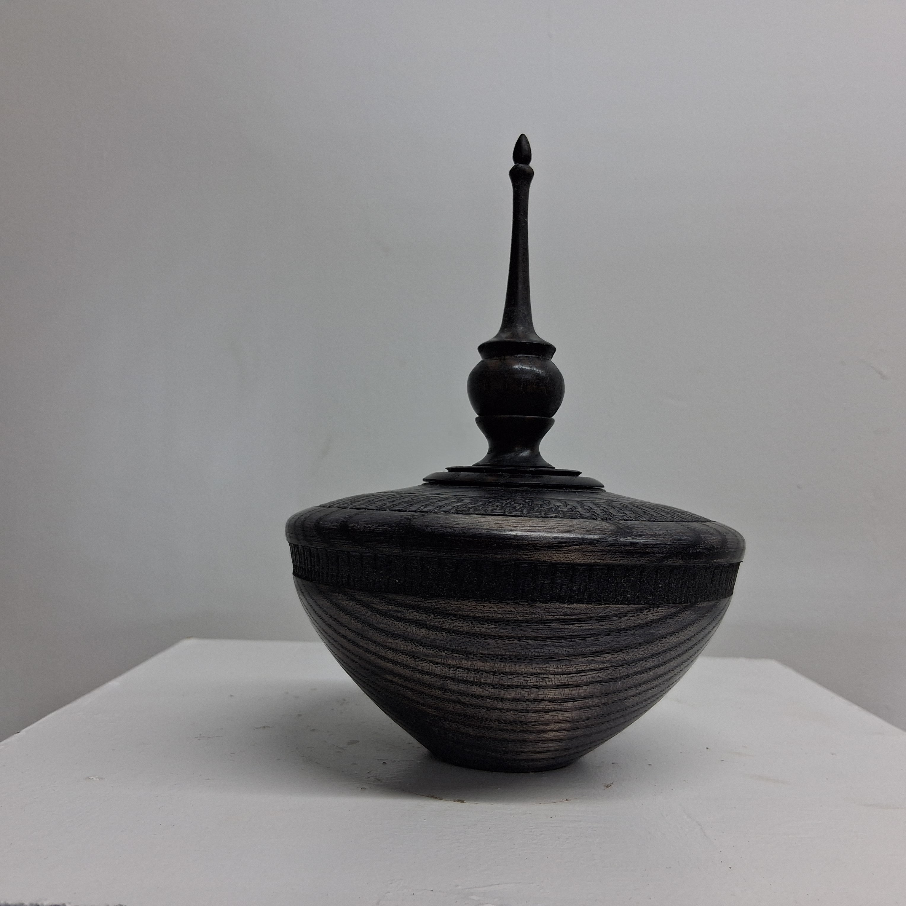 Hollow Form in Coloured Black Ash with Textured Band and Finial