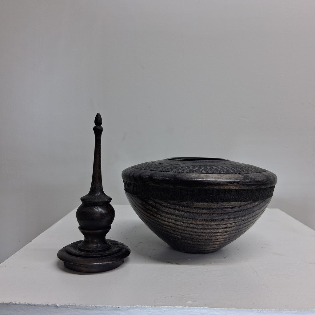 Hollow Form in Coloured Black Ash with Textured Band and Finial