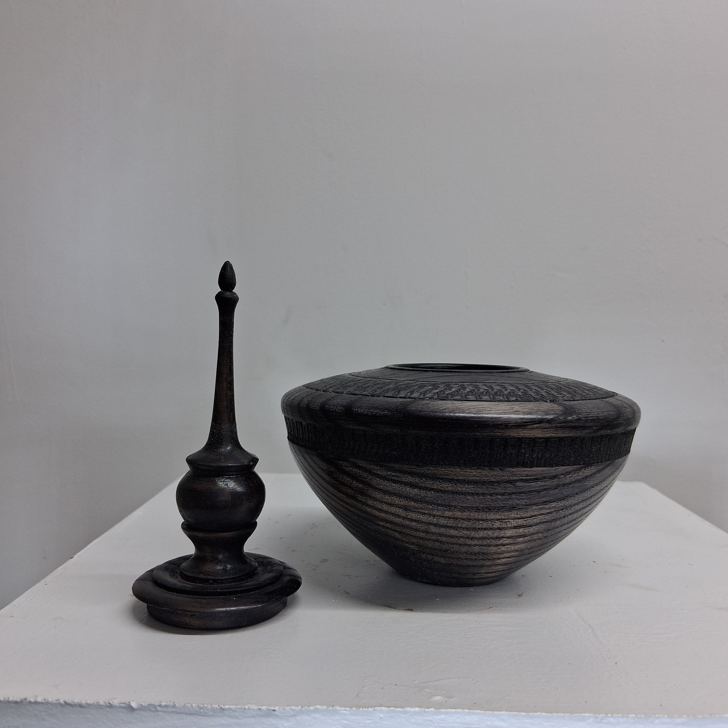 Hollow Form in Coloured Black Ash with Textured Band and Finial