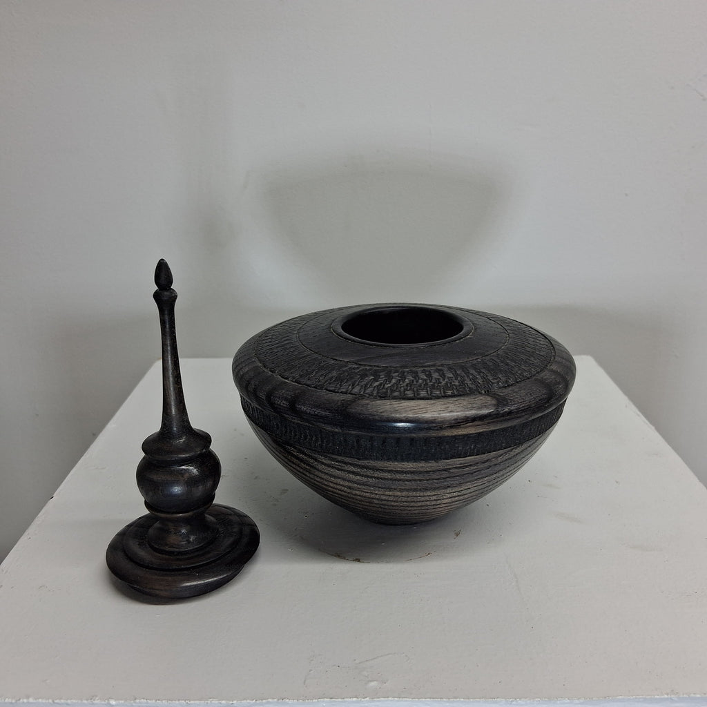 Hollow Form in Coloured Black Ash with Textured Band and Finial