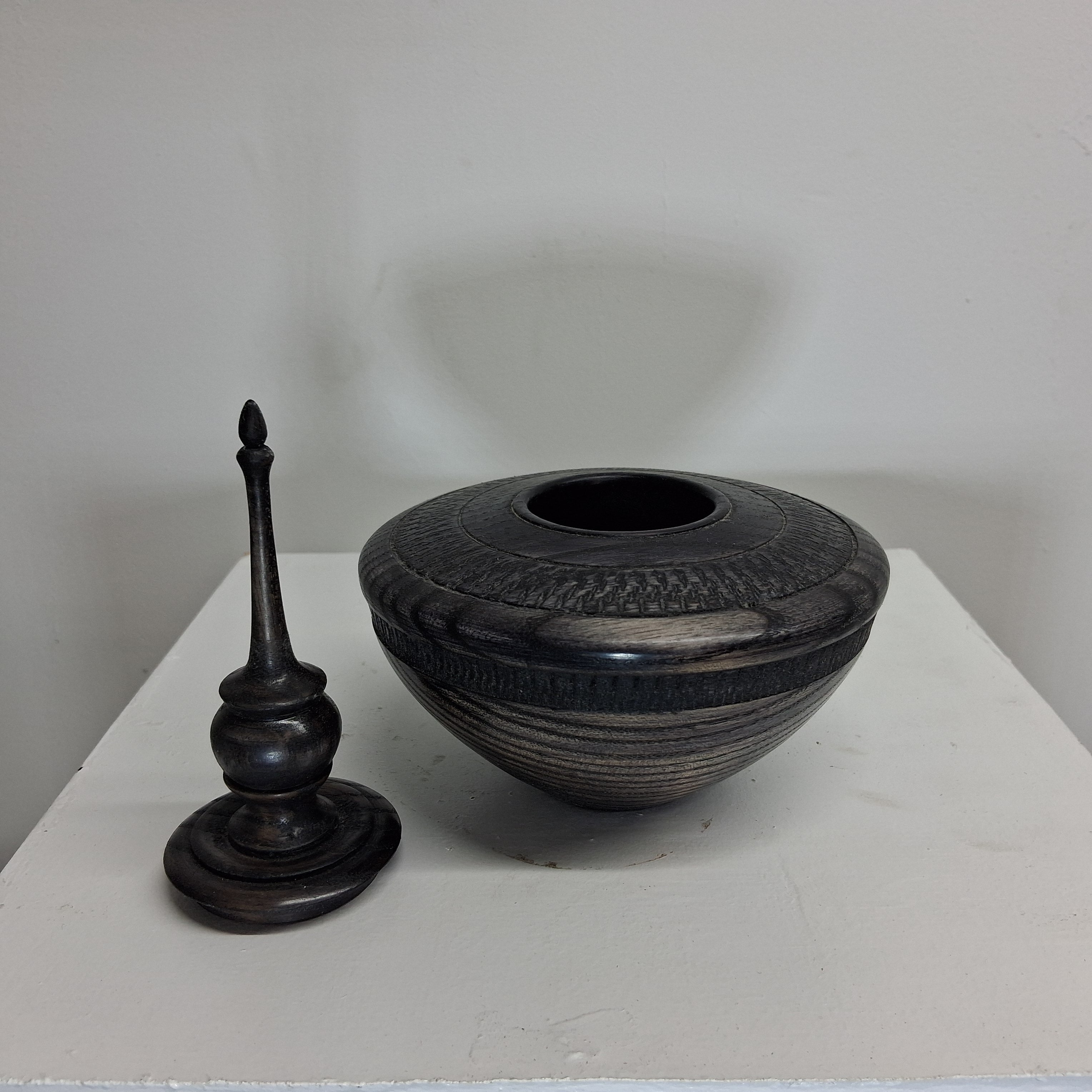 Hollow Form in Coloured Black Ash with Textured Band and Finial