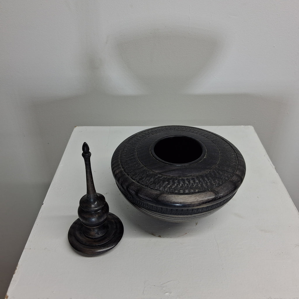 Hollow Form in Coloured Black Ash with Textured Band and Finial